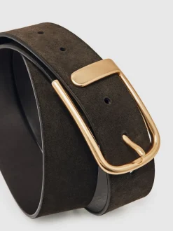 Chocoladebruin - Reiss Iyla leren riem met halve gesp