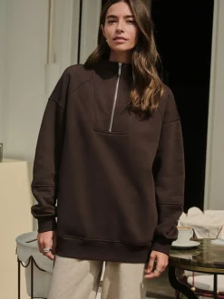Chocoladebruin - Relaxed fit sweatshirt van zware katoenrijke jersey met ritssluiting bij de hals