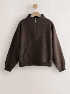 Chocoladebruin - Relaxed fit sweatshirt van zware katoenrijke jersey met ritssluiting bij de hals