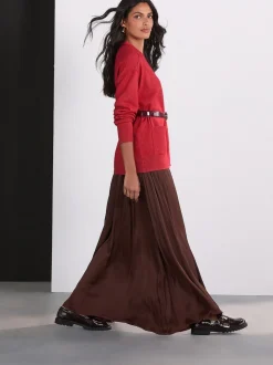 Chocoladebruin - Satin Pleated Maxi Skirt