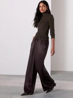 Chocoladebruin - Satin Tie Waist Wide Leg Trousers