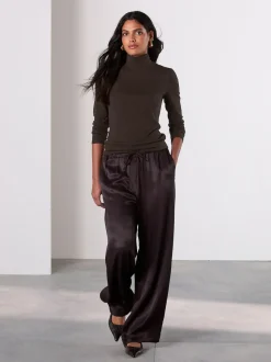 Chocoladebruin - Satin Tie Waist Wide Leg Trousers