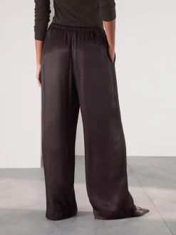 Chocoladebruin - Satin Tie Waist Wide Leg Trousers