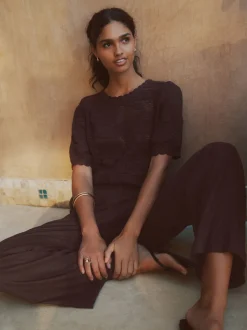 Chocoladebruin - Smart Front Linen Blend Wide Leg Trousers