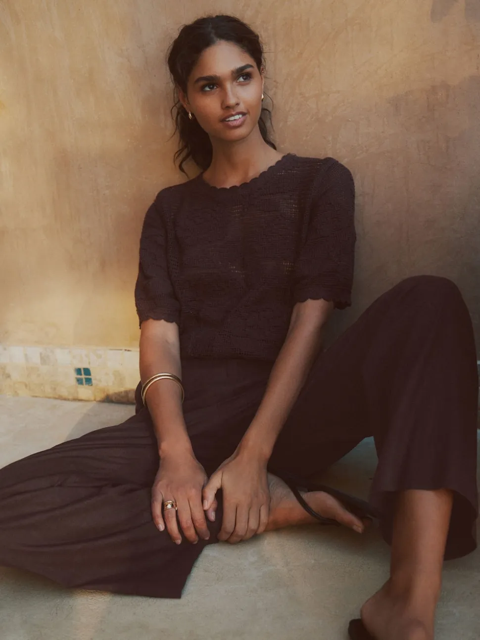 Chocoladebruin - Smart Front Linen Blend Wide Leg Trousers