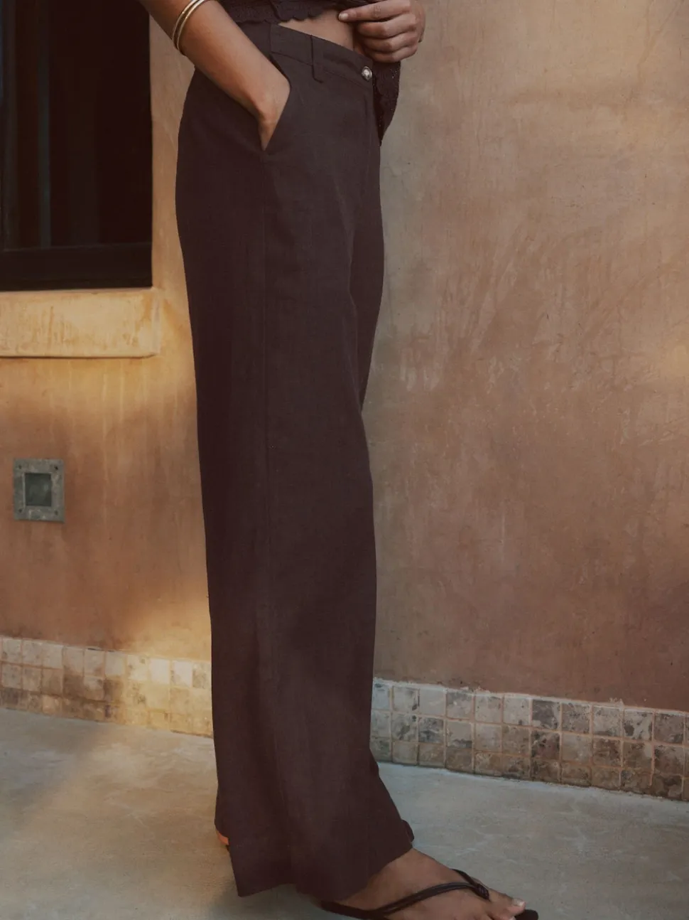 Chocoladebruin - Smart Front Linen Blend Wide Leg Trousers