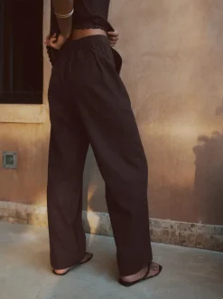 Chocoladebruin - Smart Front Linen Blend Wide Leg Trousers