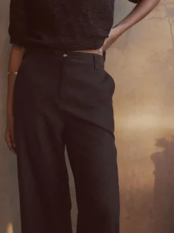 Chocoladebruin - Smart Front Linen Blend Wide Leg Trousers