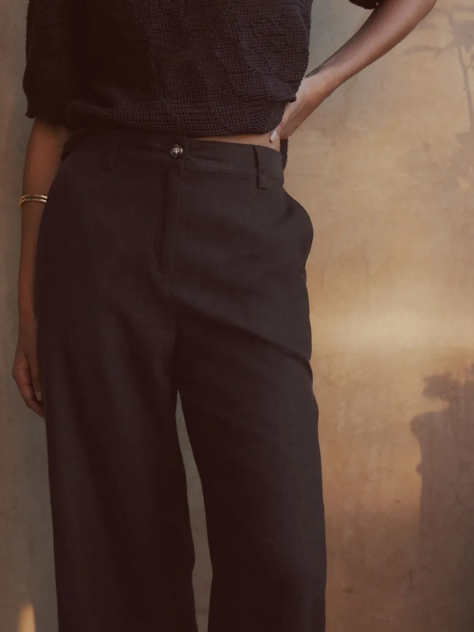 Chocoladebruin - Smart Front Linen Blend Wide Leg Trousers