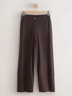 Chocoladebruin - Smart Front Linen Blend Wide Leg Trousers