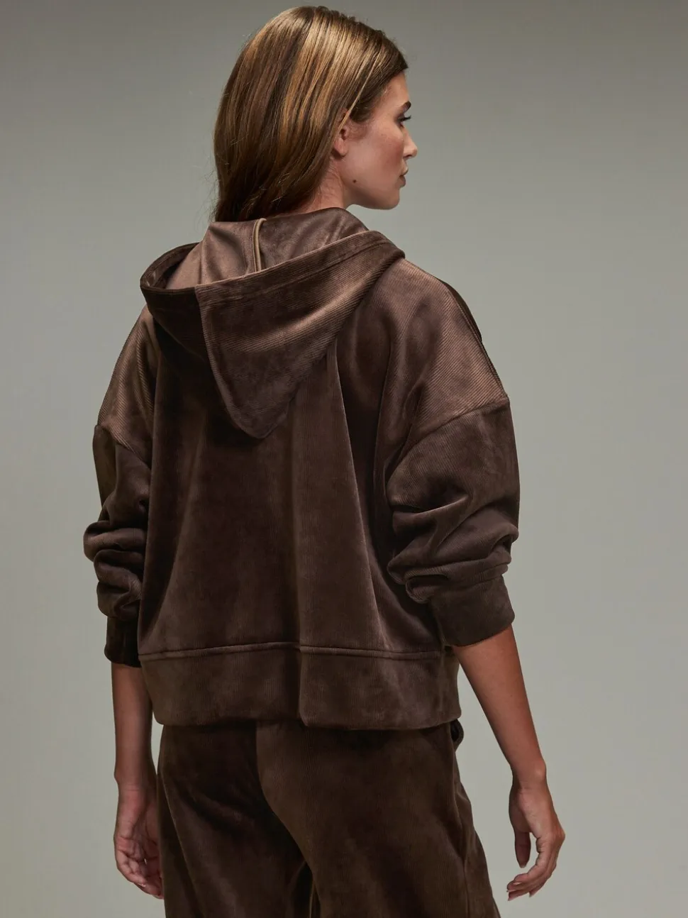 Chocoladebruin - Soft Feel Cord Long Sleeve Hoodie