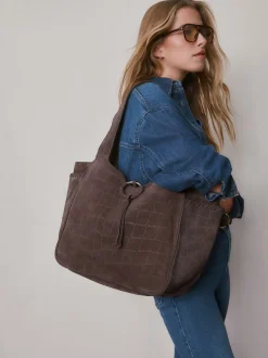 Chocoladebruin - Suede Croc Effect Shoulder Bag