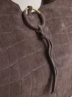 Chocoladebruin - Suede Croc Effect Shoulder Bag