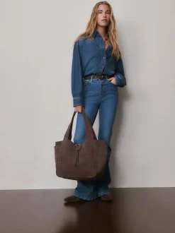 Chocoladebruin - Suede Croc Effect Shoulder Bag