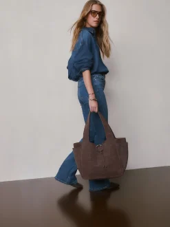 Chocoladebruin - Suede Croc Effect Shoulder Bag
