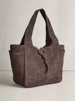 Chocoladebruin - Suede Croc Effect Shoulder Bag