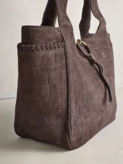Chocoladebruin - Suede Croc Effect Shoulder Bag