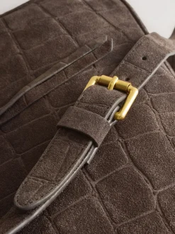 Chocoladebruin - Suede Croc Messenger Cross-Body Bag