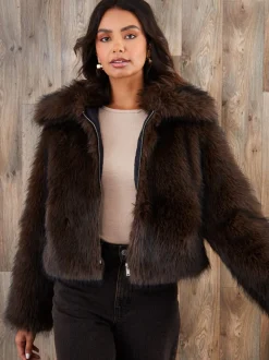 Chocoladebruin - Threadbare Faux Fur Zip Through Coat