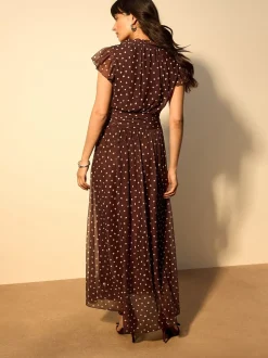 Chocoladebruin gestippeld - Halflange geplooide mesh gelegenheidsmaxi-jurk met print en V-hals