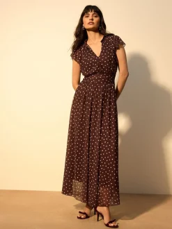 Chocoladebruin gestippeld - Halflange geplooide mesh gelegenheidsmaxi-jurk met print en V-hals