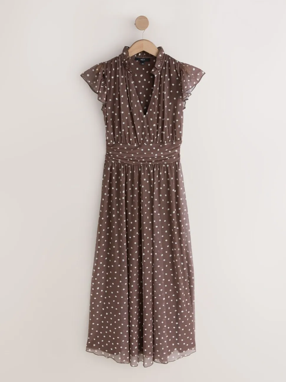 Chocoladebruin gestippeld - Halflange geplooide mesh gelegenheidsmaxi-jurk met print en V-hals