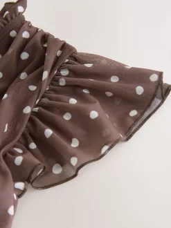 Chocoladebruin gestippeld - Halflange geplooide mesh gelegenheidsmaxi-jurk met print en V-hals