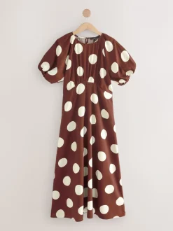 Chocoladebruin gestippeld - Midi-jurk met print en pofmouwen