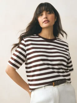 Chocoladebruin gestreept - Dik T-shirt met ronde hals en korte mouwen