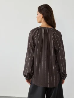 Chocoladebruin gestreept - Blouse met V-hals en lange mouwen