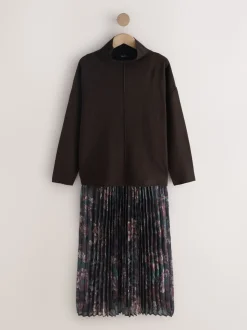 Chocoladebruin met bloemenprint - 2-In-1 Knitted Jumper with Pleated Midi Skirt