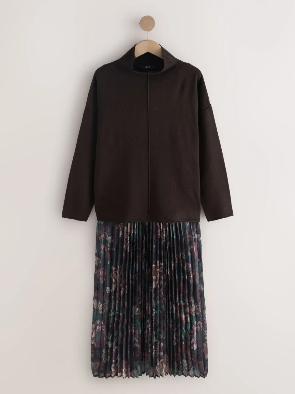 Chocoladebruin met bloemenprint - 2-In-1 Knitted Jumper with Pleated Midi Skirt
