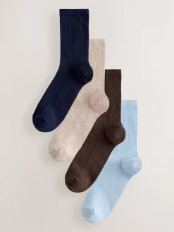 Chocoladebruin/blauw - 4 Paar geribbelde enkelsokken