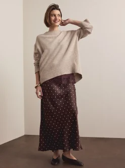 Chocoladebruin/Crème met stippen - Satijnen midirok