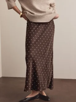 Chocoladebruin/Crème met stippen - Satijnen midirok