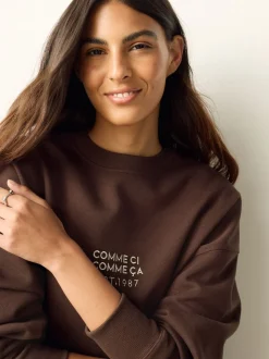 Chocoladebruine borduurwerk - 2-In-1 Sweatshirt met Satijnen Midi Rok