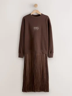 Chocoladebruine borduurwerk - 2-In-1 Sweatshirt met Satijnen Midi Rok