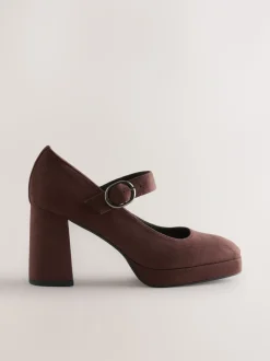 Chocoladebruine microvezel - Forever Comfort® Brogue Mary Jane Platform Blokhakken met Plateauzool