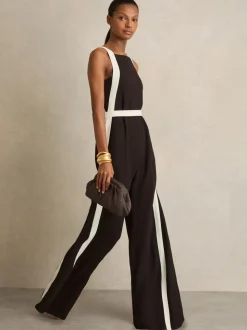Chocolade/Crème - Reiss Salma Colourblock Wide Leg Belted Jumpsuit
