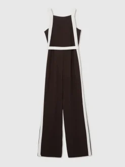 Chocolade/Crème - Reiss Salma Colourblock Wide Leg Belted Jumpsuit