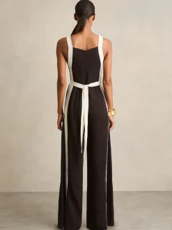 Chocolade/Crème - Reiss Salma Colourblock Wide Leg Belted Jumpsuit