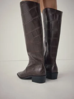 Chocolate Brown Croc Embossed - Forever Comfort® Chisel Toe Knee High Boots