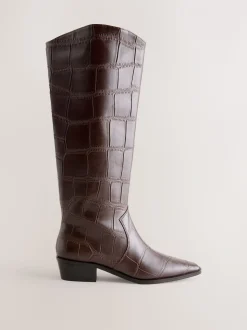 Chocolate Brown Croc Embossed - Forever Comfort® Chisel Toe Knee High Boots
