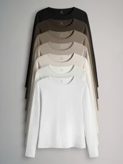 Chocolate Brown/ Taupe Brown/ Light Brown/ Neutral - The Set - 7 T-shirts met lange mouwen en ronde hals