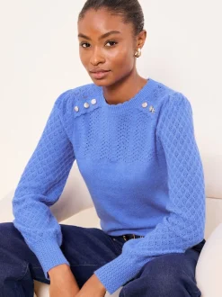 Cobalt Blue Buttoned - Lipsy Pointelle Stitch Long Sleeve Crew Neck Knit Jumper