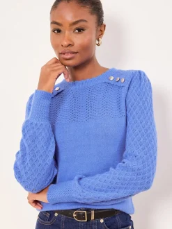 Cobalt Blue Buttoned - Lipsy Pointelle Stitch Long Sleeve Crew Neck Knit Jumper