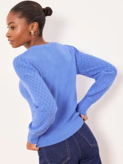 Cobalt Blue Buttoned - Lipsy Pointelle Stitch Long Sleeve Crew Neck Knit Jumper