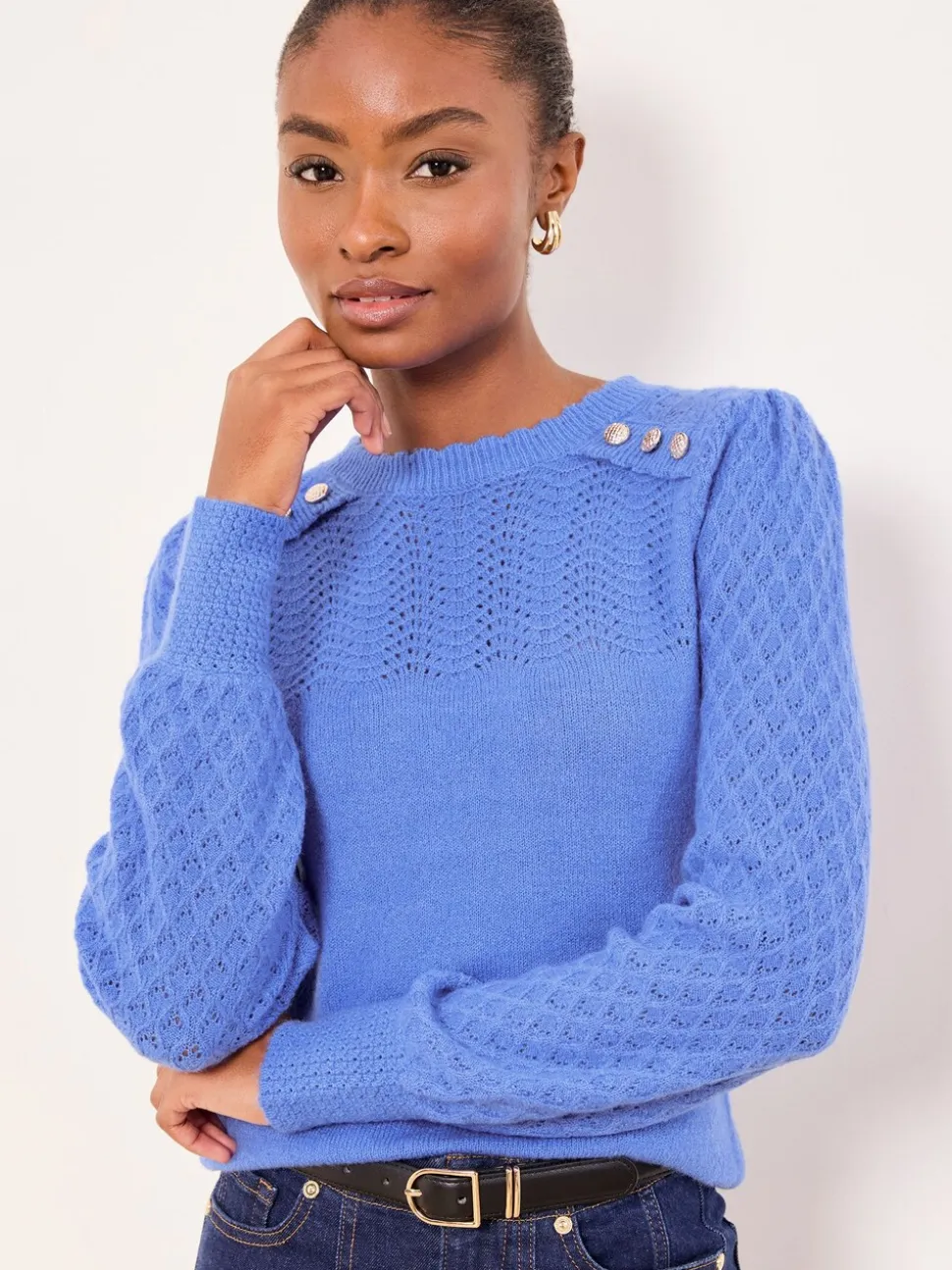 Cobalt Blue Buttoned - Lipsy Pointelle Stitch Long Sleeve Crew Neck Knit Jumper
