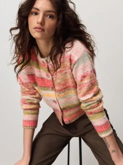 Coral Pink/Orange - Spacedye Knitted Crew Neck Cardigan