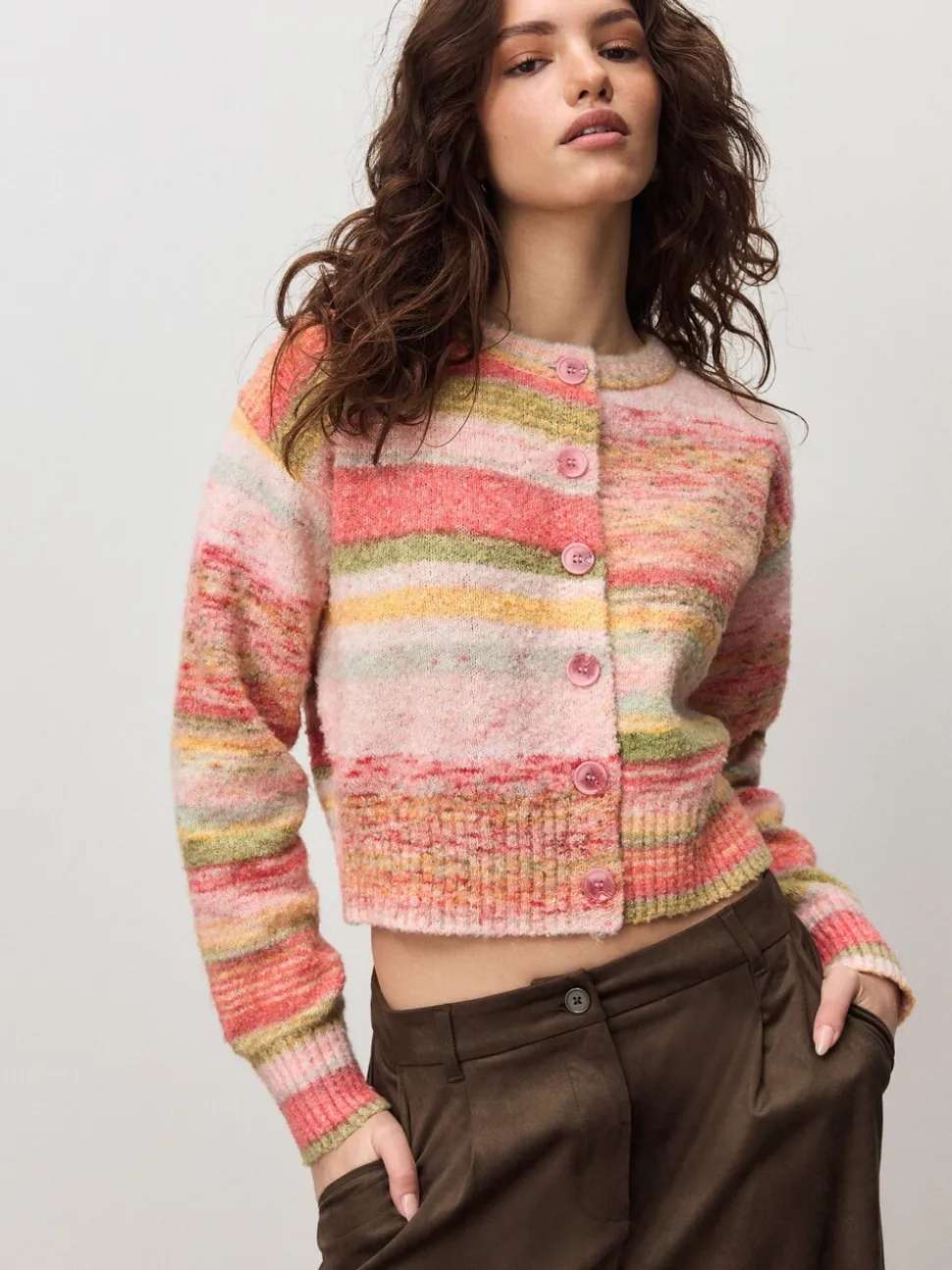Coral Pink/Orange - Spacedye Knitted Crew Neck Cardigan